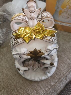 White and Gold Angel Nativity Bell Figurine with Shimmer Bow